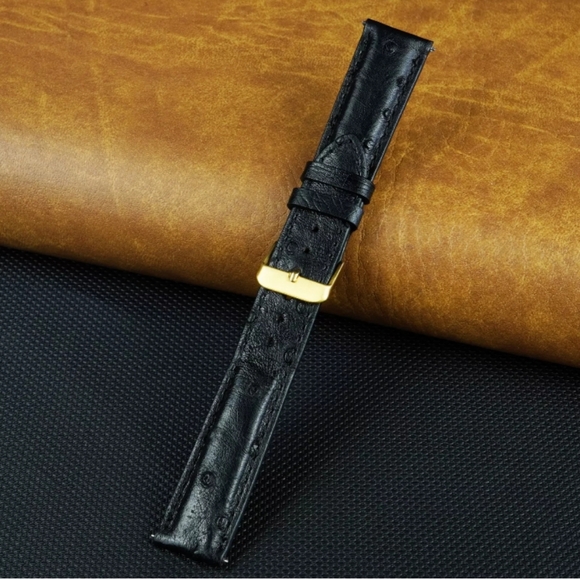 Black Ostrich Leather Watch Band Padded Gold Buckle Size 22mm - Picture 2 of 6
